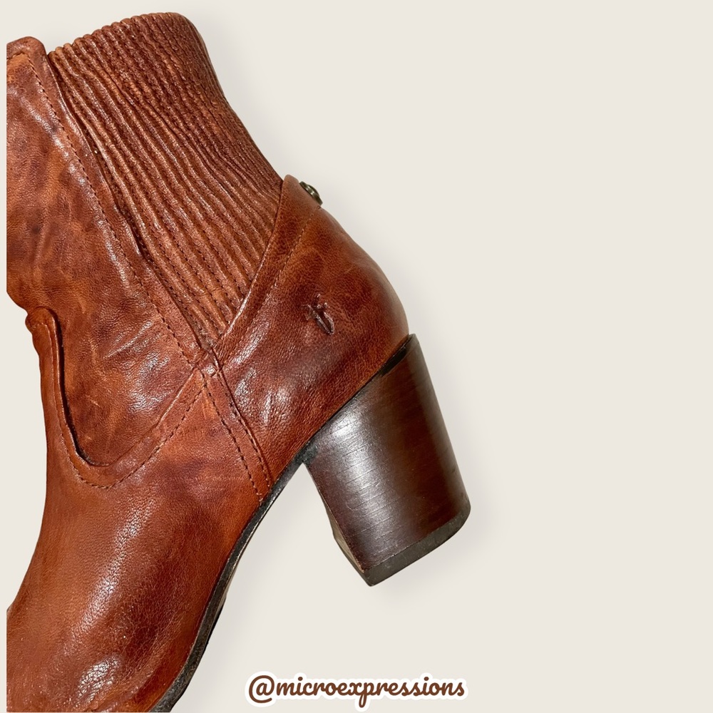Frye Lucinda Scrunch Real Cognac Brown Leather Stretchy Heeled Short Ankle Boot - Picture 12 of 15